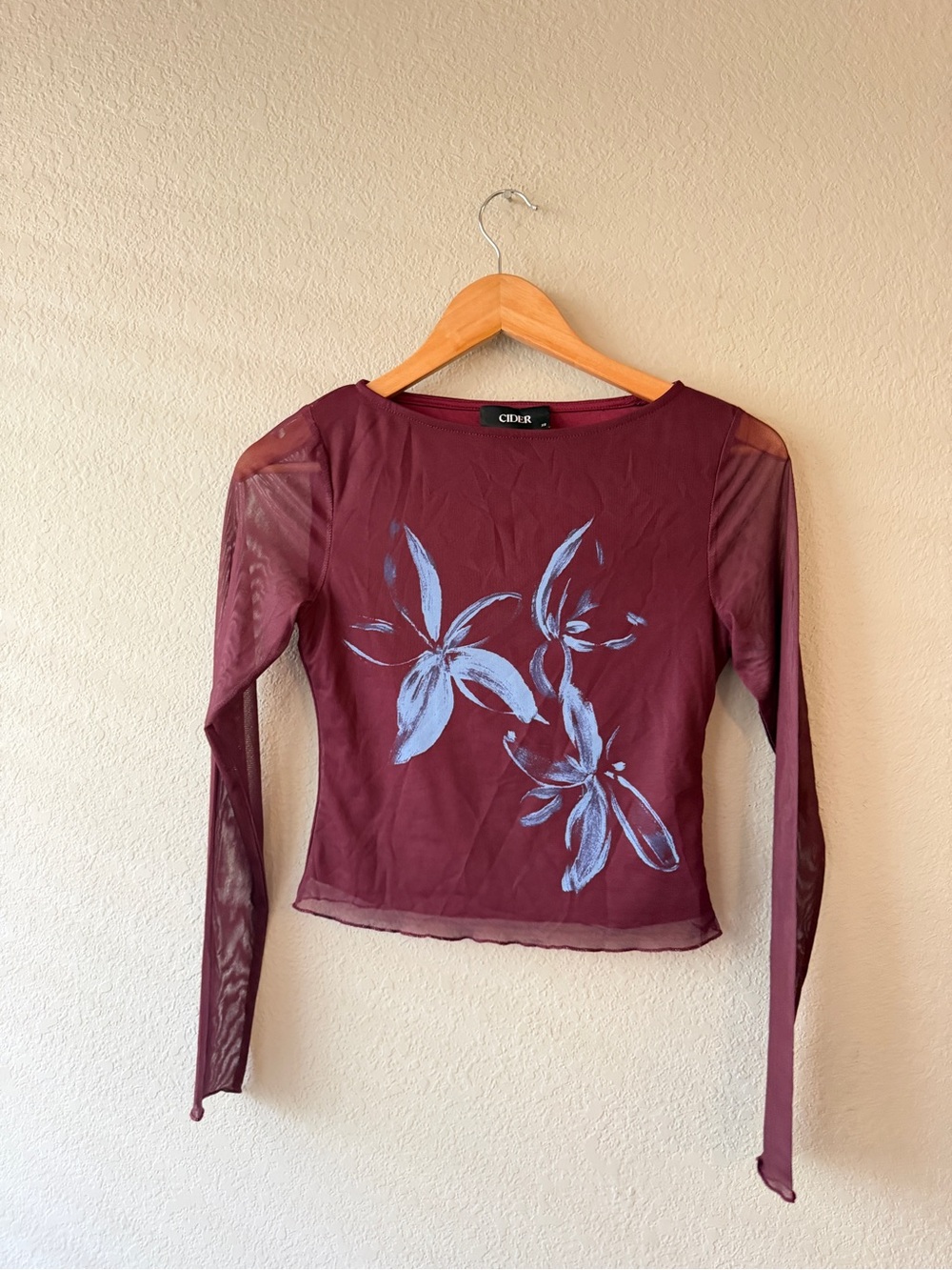 Cider Women's Burgundy Sheer Lily Mesh Long-Sleeve Top XS